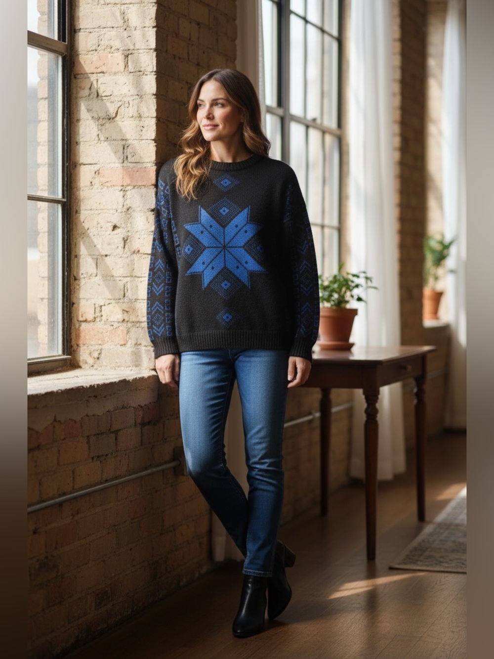 Womens Black Sweater with Blue Nordic Star Pattern